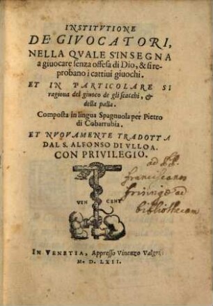 Institutione de'giuocatori