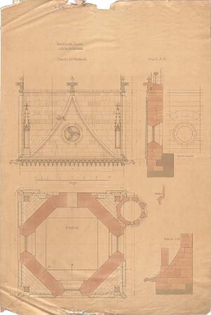 Dolmetsch, Heinrich; Bad Urach; Ev. Stadtkirche, Restaurierung - 1. Achterstockwerk (Grundriss, Teilansichten, Schnitte)