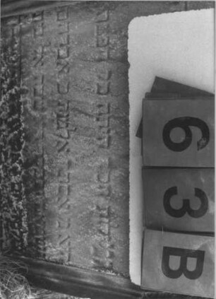 Grabstein 63 (Index: 99786687) Zustand: Inschrift oben rechts abgebrochen, z. T. verwittert, leicht eingesunken Maße HxBxT: 60x55x20 cm: Grabstein 63B