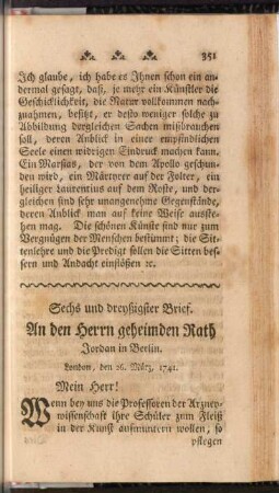 Sechs und dreyßigster Brief. An den Herrn geheimden Rath Jordan in Berlin