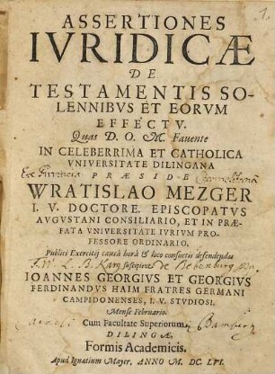 Assertiones iuridicae de testamentis solennibus et eorum effectu