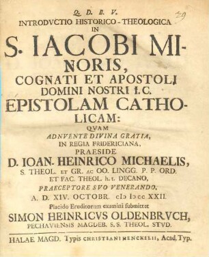 Introductio historico theologica in S. Jacobi Minoris epistolam catholicam