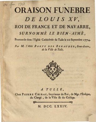 Oraison funebre de Louis XV Roi de France