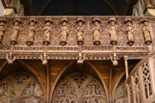 Frankreich. Bretagne. Finistere. Lambader. Chapelle Notre Dame. 15 Jahrhundert. Geschnitzter Lettner im Flamboyantstil. 1481
