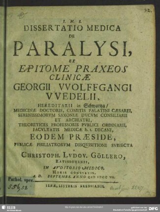 Dissertatio Medica De Paralysi
