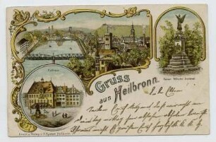 Mehrbildkarte, 3 Motive: Neckaransicht mit Götzenturm, Kaiser-Wilhelm-Denkmal, Rathaus