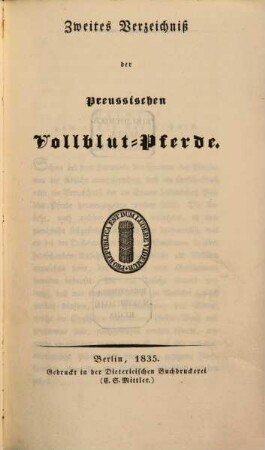 Verzeichniß der preussischen Vollblut-Pferde, 2. 1835