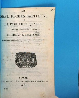 Les sept péchés capitaux, ou La famille du Quaker : Comédie-vaudeville en un acte