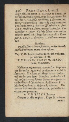 Cap. V. De Loco consentaneorum vel comparatorum, id est, Similivm, Parivm, Maiorum, Minorum.