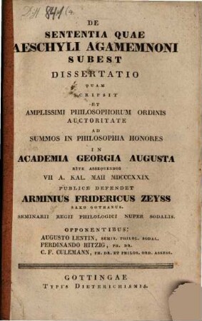 De Sententia Quae Aeschyli Agamemnoni Subest