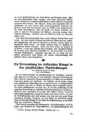 Die Verwendung der elektrischen Klingel in den physikalischen Schülerübungen