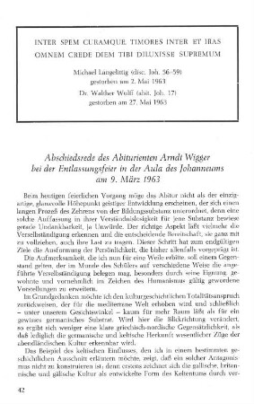Abscheidsrede des Abiturienten Arndt Wigger bei der Entlassungsfeier in der Aula des Johanneums am 9. März 1963