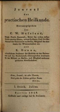 Journal der practischen Heilkunde. 67 = Bd. 60. 1828