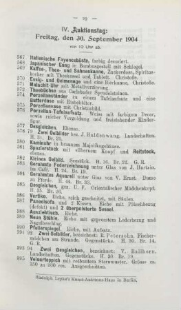 IV. Auktionstag: Freitag, den 30. September 1904, von 10 Uhr ab