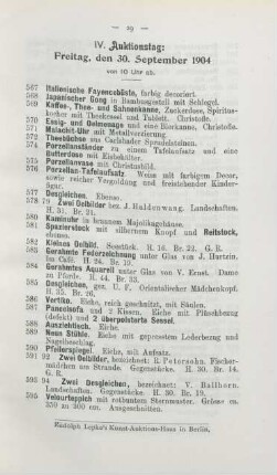 IV. Auktionstag: Freitag, den 30. September 1904, von 10 Uhr ab