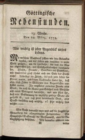 13. Woche. Den 28. März, 1778