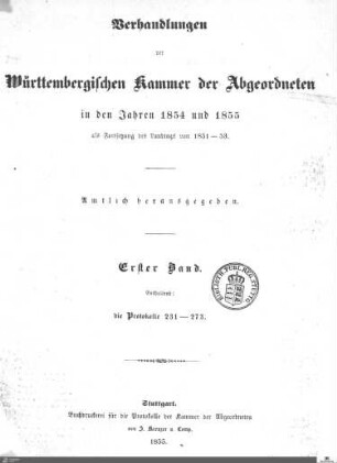 2,14: Landtag Württemberg - Kammer 2, Protokolle 1854-1855, Bd. 1