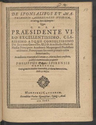 De Sponsalibus Et Matrimonio Assertiones Iuridicae, ex utroq[ue] Iure desumptae: