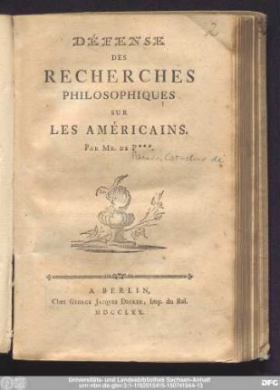 Défense Des Recherches Philosophiques Sur Les Américains