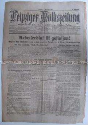 Unabhängige sozialdemokratische Tageszeitung "Leipziger Volkszeitung" zu der ersten revolutionären Unruhen in Deutschland