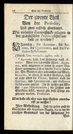 Der zweyte Theil Von der Prosodia, Und zwar erstlich überhaupt