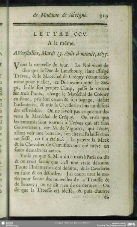 Lettre CCV. A la même. A Versailles, Marti 13. Août à minuit, 1675