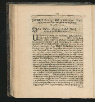Fürstliches Rescript und Constitution wegen der Appellation aus der Fürstlichen Cantzley de Anno 1654.