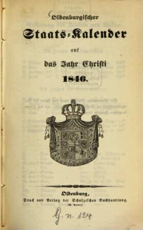 Oldenburgischer Staatskalender : auf d. Jahr Christi ... 1846