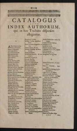 Catalogus Sive Index Authorum, qui in hoc Tractatu dispersim allegantur.