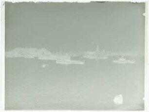enge Hafeneinfahrt mit Forts unter Palmen, viel Schiffsverkehr