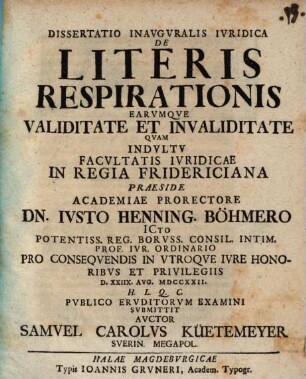 Dissertatio inauguralis iuridica de literis respirationis earumque validitate et invaliditate
