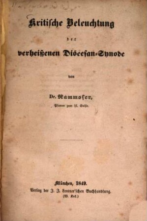 Kritische Beleuchtung der verheißenen Diöcesan-Synode