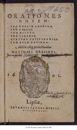 M. T. C. Orationes Novem : Pro Roscio Amerino. Pro Coelio. Pro Milone. Pro Ligario. Qvatvor Catilina Riae. Pro Avlo Cecinna