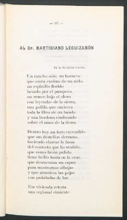 Al Dr. Martiniano Leguizamón : En la sociedad criolla