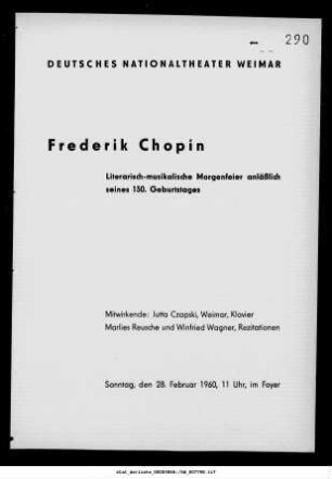 Frederik Chopin [...] Morgenfeier anläßlich seines 150. Geburtstages