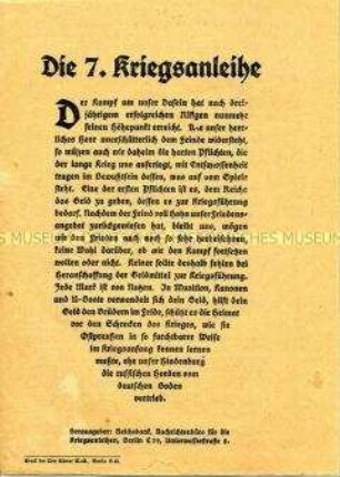 Illustrierte Flugschrift zur Werbung und Erläuterung der Notwendigkeit von Kriegsanleihen