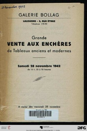 Grande vente aux enchères de tableaux anciens et modernes : samedi 28 novembre 1942