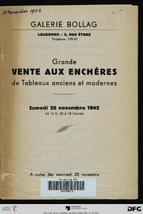 Grande vente aux enchères de tableaux anciens et modernes : samedi 28 novembre 1942