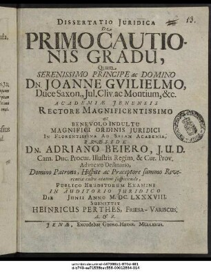 Dissertatio Iuridica De Primo Cautionis Gradu