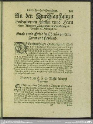 An den Durchlauchtigen Hochgebornen Fürsten unnd Herrn Herrn Albrechten Margraffen zu Brandeburg in Preussen et c.