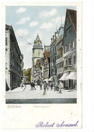 Sülmerstraße in Heilbronn, rechts der Hafenmarktsturm und eine Straßenbahn (Ansicht von der Kaiserstraße)