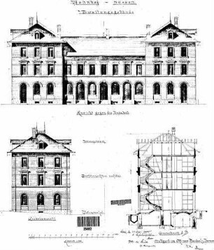 Süßen: Empfangsgebäude Verwaltungsgebäude Querschn.(m.TR,FU),Giebel- Längsansicht