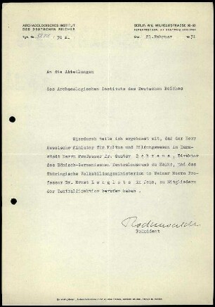 G. Rodenwaldt an DAI alle Abteilungen