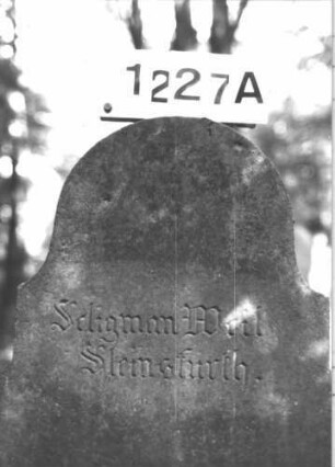 Grabstein 1227 (Index: 99900011) Material: Sandstein Zustand: etwas angewittert Maße HxBxT: 148x47x21 cm Beschreibung: aufgesockelte Stele mit mehrfach geschweiftem Bogenabschluss, im Bogenfeld Stern Symbolik: Stern: Grabstein 1227A