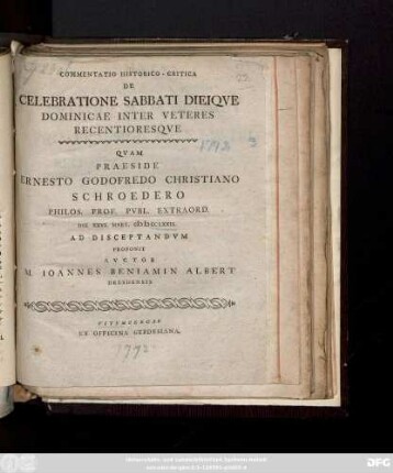 Commentatio Historico-Critica De Celebratione Sabbati Dieiqve Dominicae Inter Veteres Recentioresqve
