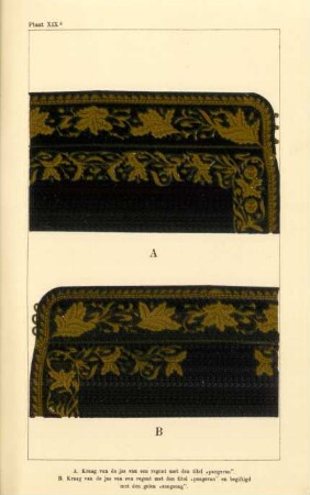 Plaat XIXa. A. Kraag van de jas van een regent met den titel "pangeran". B. Kraag van de jas van een regent met den titel "pangeran" en gegiftigd met den gelen "songsong"