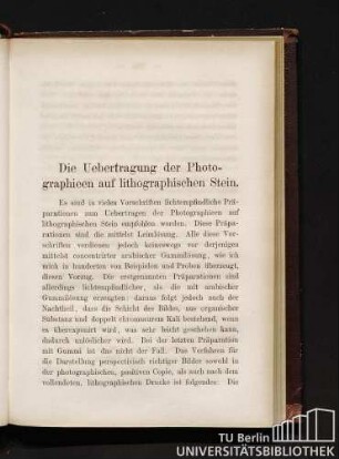 Die Uebertragung der Photographieen auf lithographischen Stein