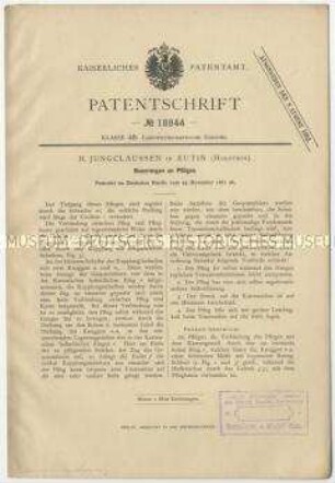 Patentschrift über Neuerungen an Pflügen, Patent-Nr. 18844