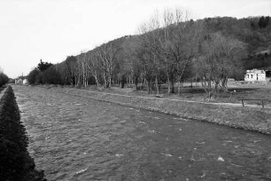 Freiburg: Dreisam mit Hochwasser vom Steg (Westen)