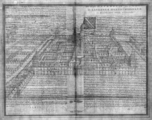 Ansicht des Real Sitio de San Lorenzo de El Escorial und Rückseite des Blattes, Spanien, Kupferstich, 1591 : Scenographia totivs fabricae s. Lavrentii in Escoriali : [Gewidmet] Philippvm II. Hispaniarvm ETC. Regem Catolicvm / Ab. Ortelius evulgabat. - [Antwerpen] : [Plantin] , 1591. - 1 Ansicht : Kupferst. ; 48 x 32 cm +++ Mit Versen, Erläuterung u. Titel unter der Ansicht. [Größter Renaissancebau der Welt)